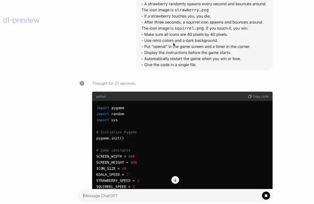 Screenshot showing a game development prompt and Python code preview. The prompt lists game rules involving a strawberry and a squirrel with specific behaviours and image files. Below, Python code using Pygame is shown, including imports and initialisation, followed by constants for screen size, icon size, and character speeds.