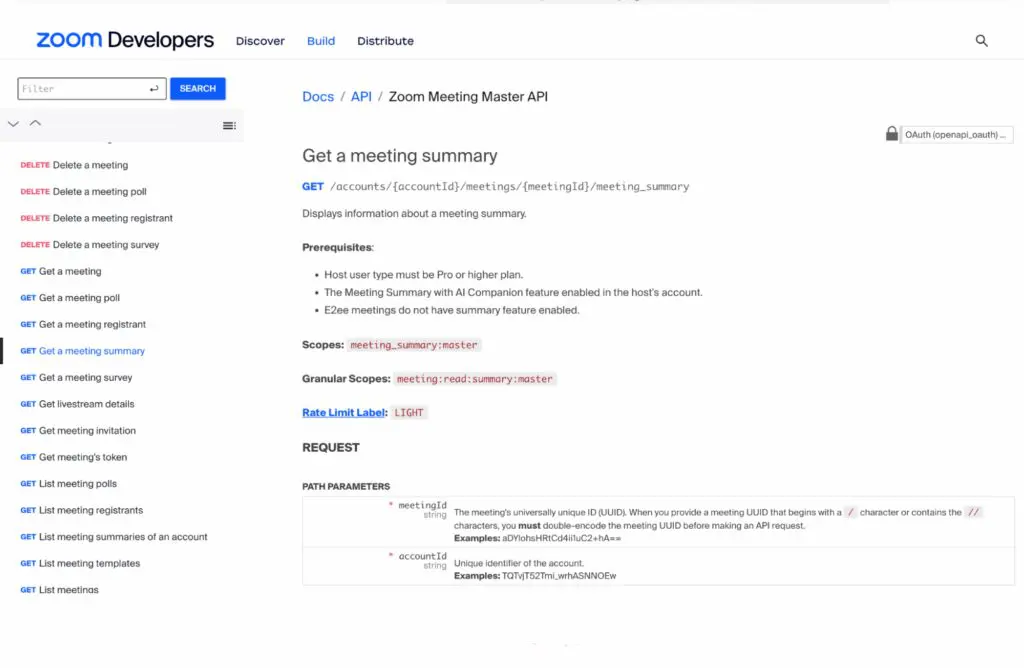 Screenshot of the Zoom Developers API documentation for “Get a meeting summary.” It details the GET request endpoint, prerequisites (Pro user plan, AI Companion enabled, not for end-to-end encrypted meetings), required scopes, and rate limit label (LIGHT). The left sidebar lists various Zoom API endpoints under "Meetings," and the right pane shows path parameters including meetingId and accountId, with examples.