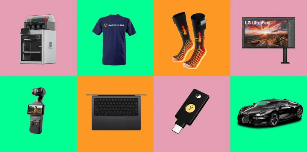 A colourful grid of tech and novelty items, including a 3D printer, Hack The Box T-shirt, heated socks, LG UltraFine monitor, handheld camera, laptop, YubiKey, and a luxury sports car.