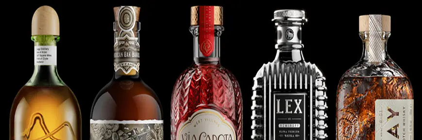 Five ornate liquor bottles in a row against a black background, each with unique shapes and decorative labels, including designs with wood, embossing, and metal details.