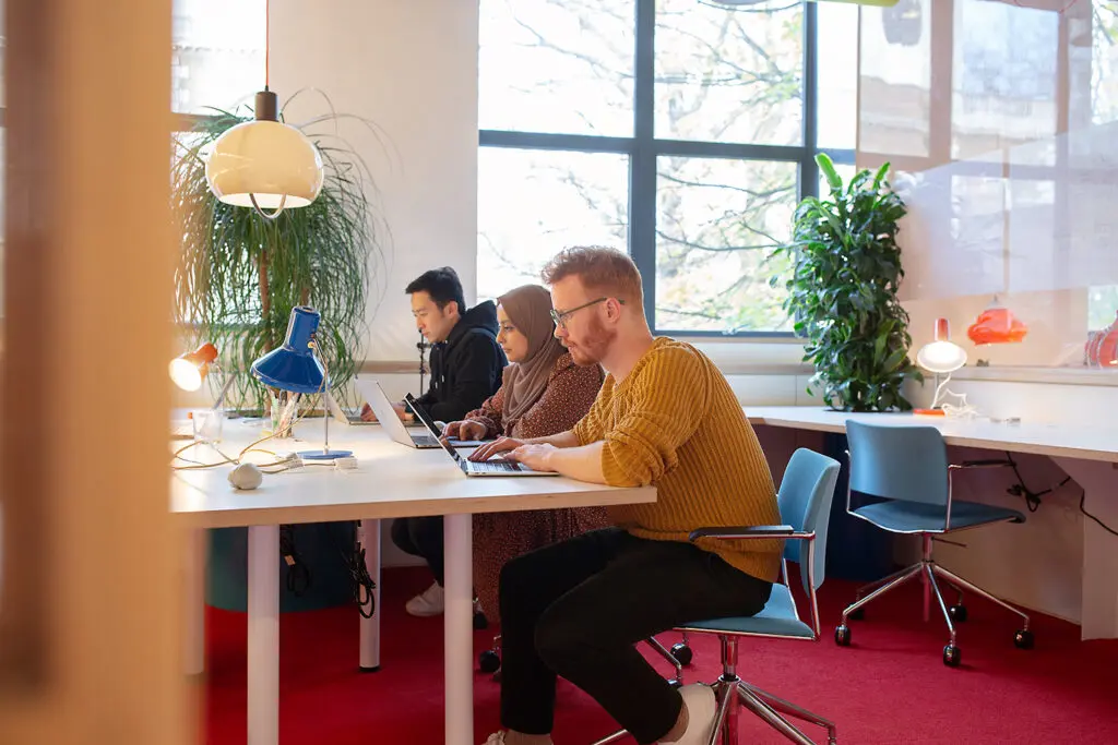 Three people seated at a shared desk in a colourful office, focused on their laptops, with bright natural light, plants, and desk lamps around them.