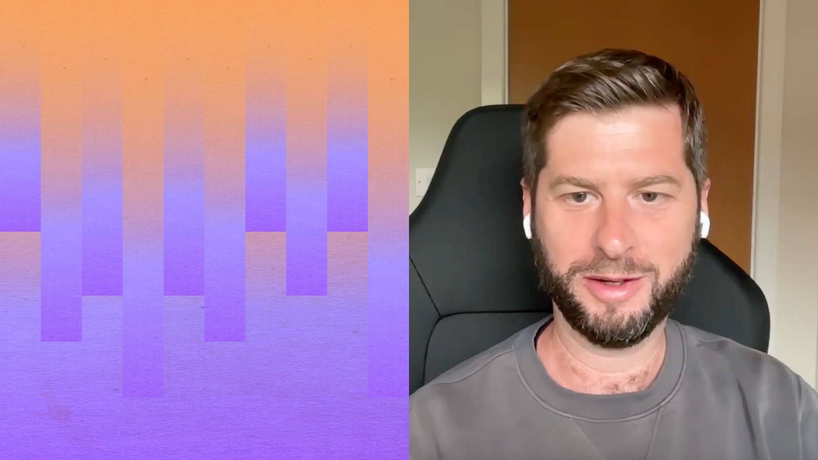 screenshot of male on a video call wearing in ear headphones sat in a desk chair