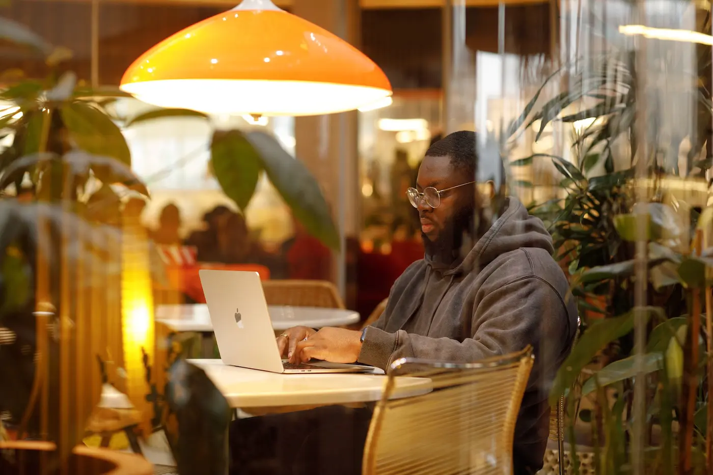Man sat at a desk with a laptop in a well lit office space with lots of plants