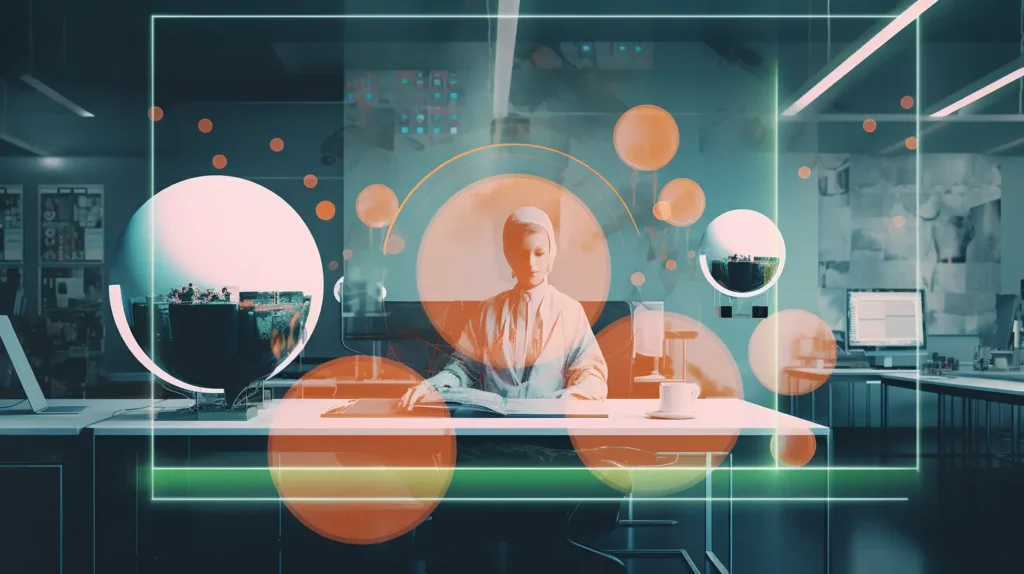 Futuristic digital artwork of a person sitting at a desk in a modern office, surrounded by abstract orange and green circular graphics and interface elements, blending technology with a calm, focused workspace.
