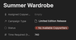 A Notion database entry titled **"Summer Wardrobe"** shows no assigned copywriter, a campaign type marked as **"Limited Edition Release,"** a status of **"No Available Copywriters"** in red, and a time requirement of **740 hours**.
