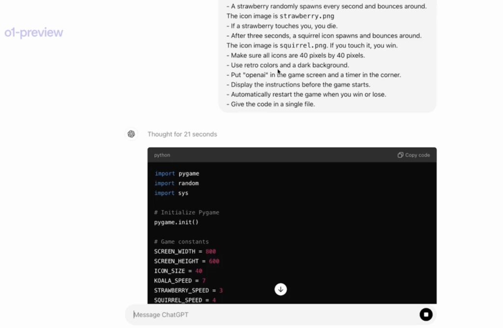 Screenshot showing a game development prompt and Python code preview. The prompt lists game rules involving a strawberry and a squirrel with specific behaviours and image files. Below, Python code using Pygame is shown, including imports and initialisation, followed by constants for screen size, icon size, and character speeds.