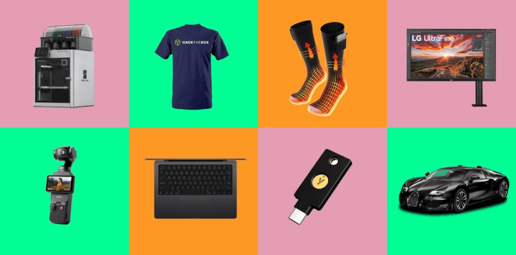A colourful grid of tech and novelty items, including a 3D printer, Hack The Box T-shirt, heated socks, LG UltraFine monitor, handheld camera, laptop, YubiKey, and a luxury sports car.