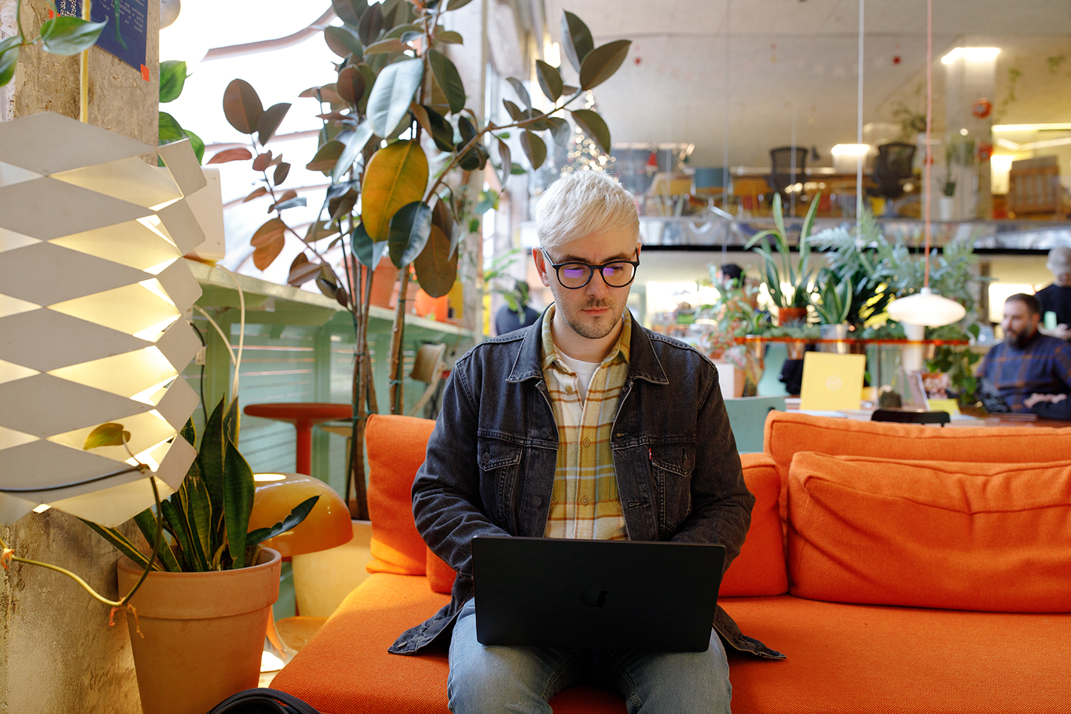 Person with light hair and glasses working on a laptop while seated on an orange sofa in a colourful, plant-filled workspace.